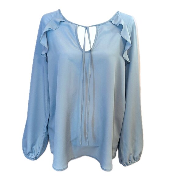BCBGMAZAZRIA | Satin Blue Long Sleeve Ruffle Shoulder Keyhole Blouse | Medium - Picture 2 of 12